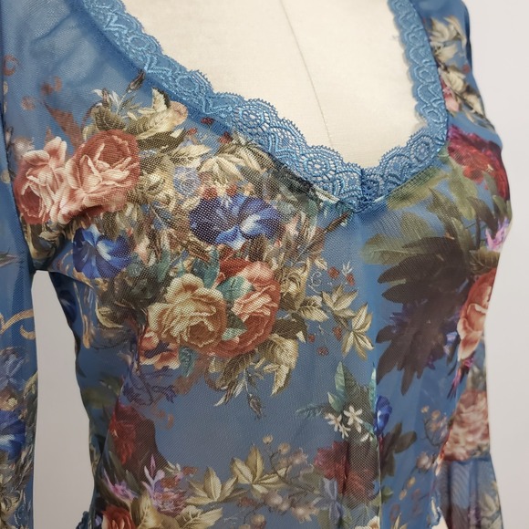 SHEIN Womens Fairy Festival Floral Mesh Bell Sleeve Top Size M Blue Romantic - Picture 3 of 12